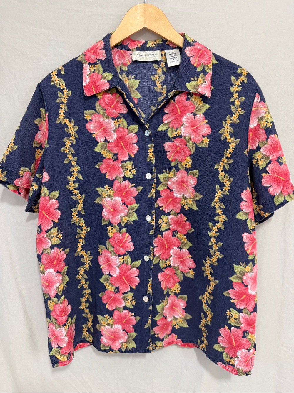Lemon‎ Grass Linen Blend Hawaiian Hibiscus Floral Button Front Shirt Large